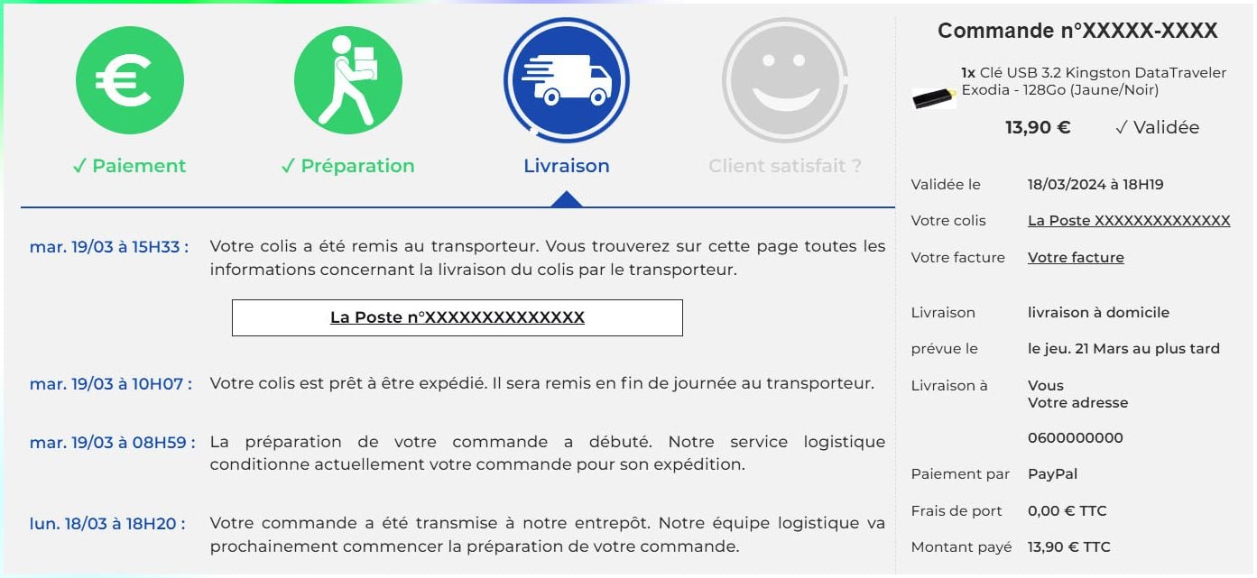 Page de suivi de commande