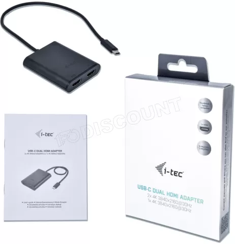 Photo de Adaptateur I-Tec USB type C mâle vers 2x HDMI femelle (Type A) 30cm (Noir)