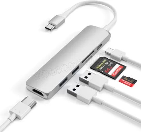 Photo de Adaptateur USB 3.0 Type C Satechi vers HDMI, lecteur de cartes, 2x USB A et USB Type C (Argent)
