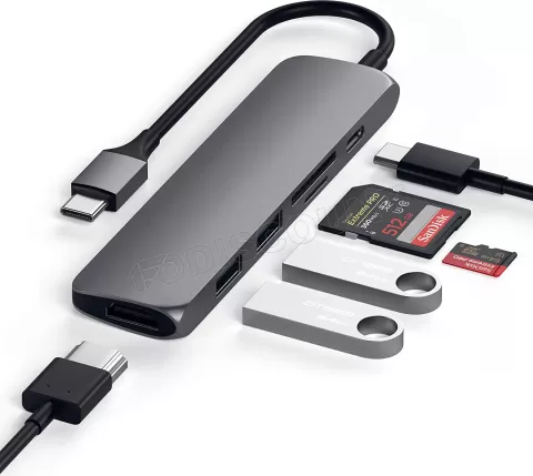Photo de Adaptateur USB 3.0 Type C Satechi vers HDMI, lecteur de cartes, 2x USB A et USB Type C (Gris)
