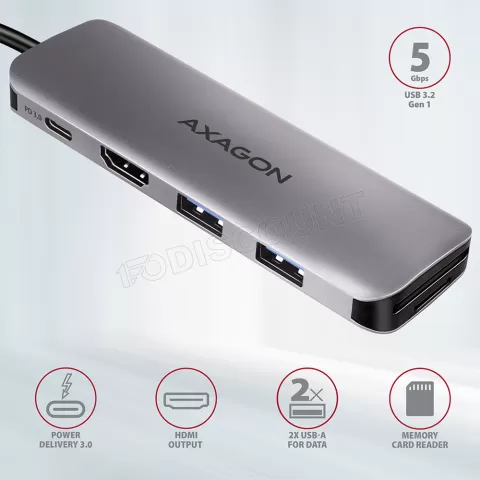 Photo de Adaptateur USB-C 3.0 Axagon HMC-H3A vers HDMI, 3x USB-A et lecteur de cartes (Gris)