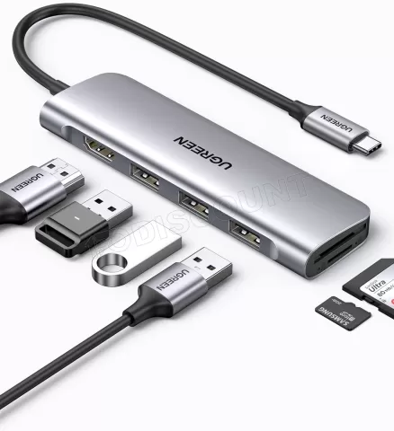 Photo de Adaptateur USB-C Ugreen Revodok vers 1x HDMI + 3x USB-A 3.0 + SD/MicroSD (Gris)