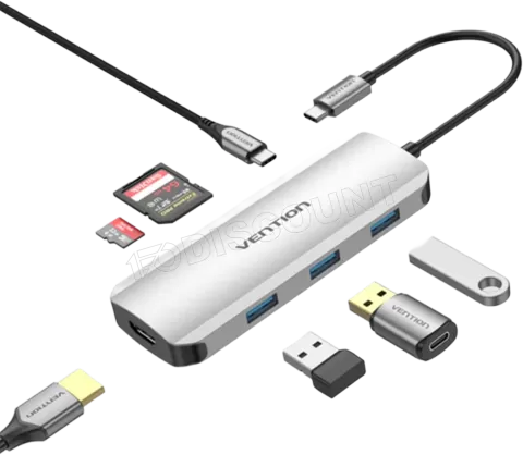 Photo de Adaptateur USB-C Vention vers 3x USB-A + 1x HDMI+ 1x USB-C 100W 0.15m (Gris)