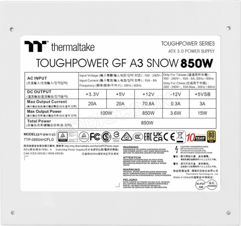 Photo de Alimentation ATX Thermaltake Toughpower GF A3 - 850W (Blanc)