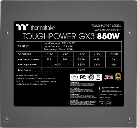 Photo de Alimentation ATX Thermaltake Toughpower GX3 - 850W (Noir)