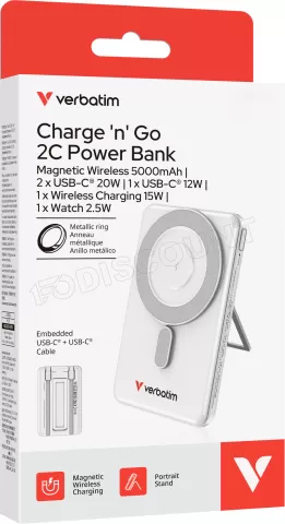 Photo de Batterie externe magnétique Verbatim Charge'n'Go + 2x USB-C - 5000mAh (Argent)