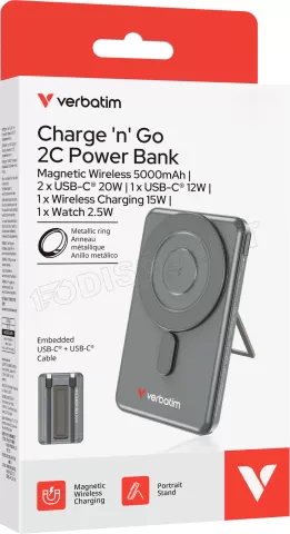 Photo de Batterie externe magnétique Verbatim Charge'n'Go + 2x USB-C - 5000mAh (Gris)