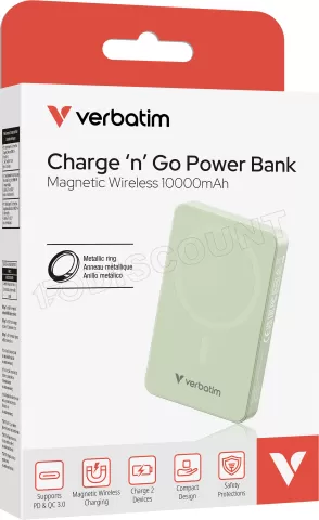 Photo de Batterie externe sans fil magnétique Verbatim Charge'N'Go Essentials - 10000mAh (Vert)