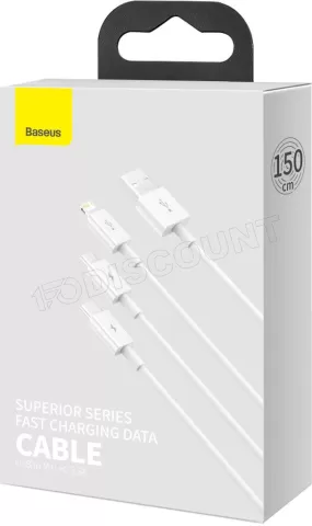 Photo de Cable 3 en 1 Baseus Superior USB 2.0 type A vers Micro USB, Type C & Lightning M/M 1,5m (Blanc)