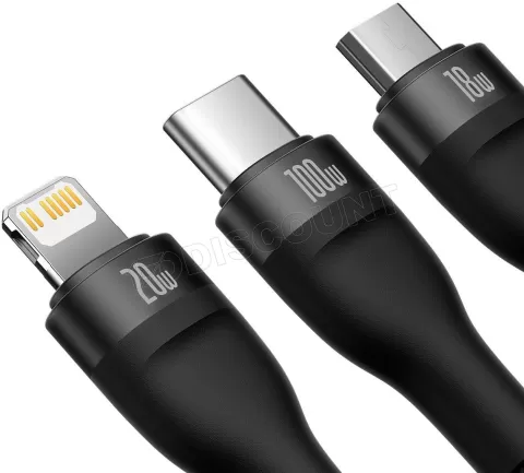 Photo de Câble 3en1 Baseus Flash Series II USB 2.0 type A/C vers Micro USB, Type C & Lightning M/M 1,m (Noir)