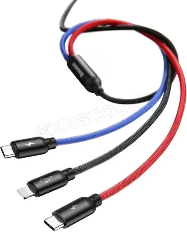 Photo de Cable 3en1 Baseus Rapid USB 2.0 type A vers Micro USB, Type C & Lightning M/M 1,2m (Noir/Rouge/Bleu)