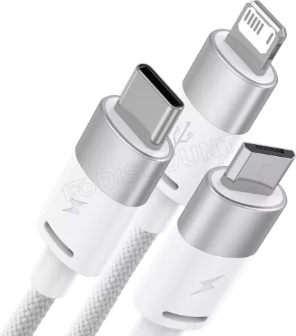 Photo de Câble 3en1 Baseus StarSpeed USB 2.0 type A vers Micro USB, Type C & Lightning M/M 1,2m (Blanc)