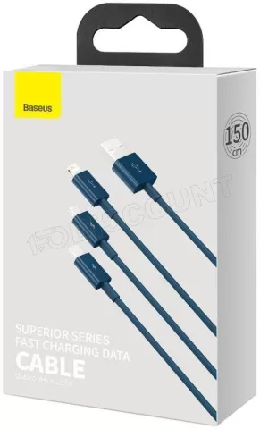 Photo de Cable 3en1 Baseus Superior USB 2.0 type A vers Micro USB, Type C & Lightning M/M 1,5m (Bleu)