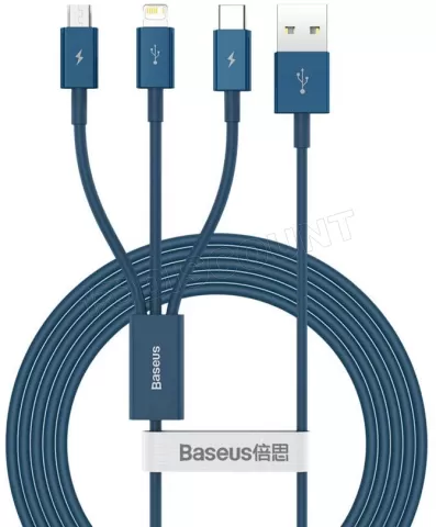 Photo de Cable 3en1 Baseus Superior USB 2.0 type A vers Micro USB, Type C & Lightning M/M 1,5m (Bleu)