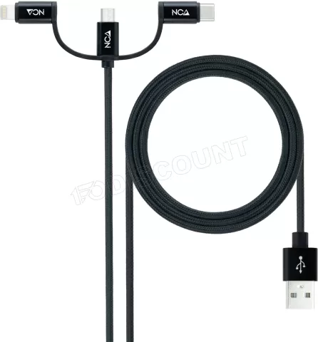 Photo de Cable 3en1 Nanocable USB-A 2.0 vers Micro USB, Type C & Lightning M/M 1m (Noir)