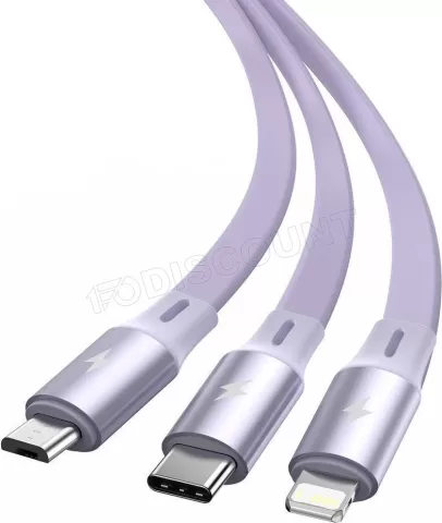 Photo de Câble 3en1 rétractable Baseus Bright Mirror USB 2.0 type A vers Micro USB, Type C & Lightning M/M 1,1m (Violet)