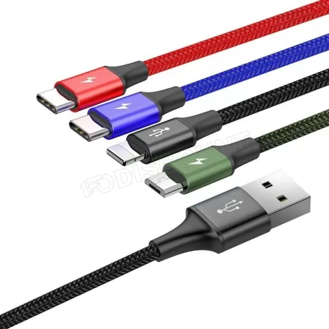 Photo de Cable 4en1 Baseus Rapid USB 2.0 type A vers 2xType C, 1 x Micro USB & 1 x Lightning M/M 1,2m (Noir)