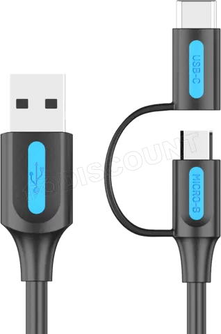 Photo de Câble Adaptateur 2en1 USB 2.0 Vention vers Micro-B + USB-C 1m (Noir)
