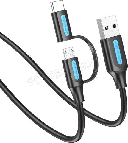 Photo de Câble Adaptateur 2en1 USB 2.0 Vention vers Micro-B + USB-C 1m (Noir)