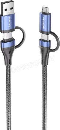 Photo de Cable Adaptateur 4en1 Vention 1x USB-C + 1x USB-A vers 1x USB-C + 1x micro- USB-B 2m (Noir/Bleu)