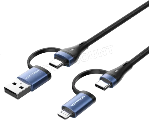 Photo de Cable Adaptateur 4en1 Vention 1x USB-C + 1x USB-A vers 1x USB-C + 1x micro- USB-B 2m (Noir/Bleu)