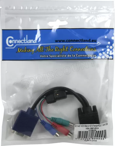 Photo de Câble adaptateur Connectland VGA mâle (D-sub DE-15) vers VGA femelle (D-sub DE-15) et YUV femelle 15cm (Noir et Bleu)