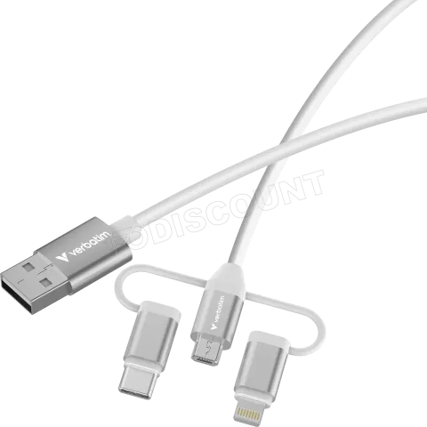 Photo de Cable Adaptateur Verbatim USB-A vers micro-B + USB-C + Lightning M/M 18W 1m (Blanc)