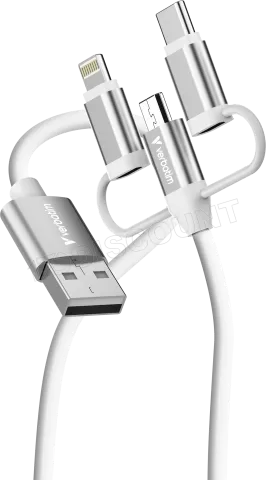 Photo de Cable Adaptateur Verbatim USB-A vers micro-B + USB-C + Lightning M/M 18W 1m (Blanc)