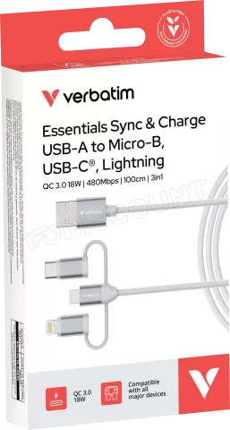 Photo de Cable Adaptateur Verbatim USB-A vers micro-B + USB-C + Lightning M/M 18W 1m (Blanc)