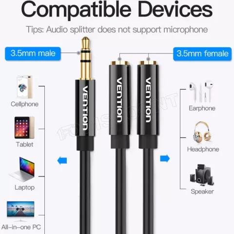 Photo de Cable Audio Vention mini Jack 3.5mm 2x mini Jack 3.5 mm 0.3m (Noir)