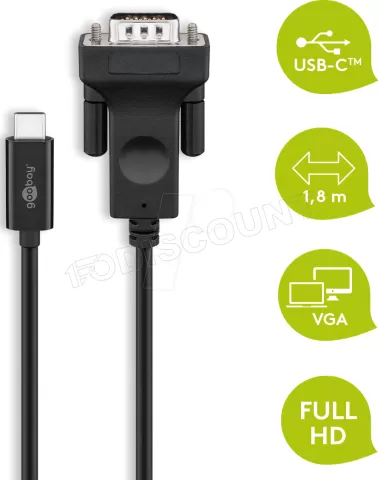 Photo de Cable Convertisseur Goobay USB C mâle vers VGA mâle (D-sub DE-15) 1,8m (Noir)