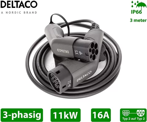 Câble de recharge Type 2 pour Voiture électrique Deltaco e-Charge EV-3213  16A Triphasé 3m (Noir) à prix bas