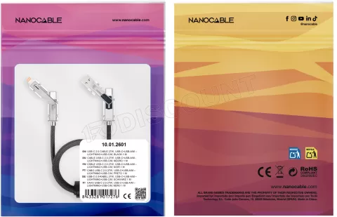Photo de Cable Nanocable USB-A/USB-C vers USB-C/Lightning M/M 2m (Noir/Gris)