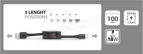 Photo de Câble rétractable Tiemme Twister USB type A - C M/M 18W 1m (Noir)