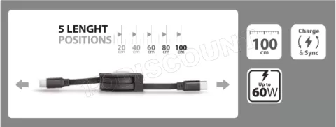 Photo de Câble rétractable Tiemme Twister USB type A - C M/M 60W 1m (Noir)