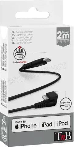 Photo de Câble T'nB USB type C - Lightning M/M 2m coudé 180° (Noir)