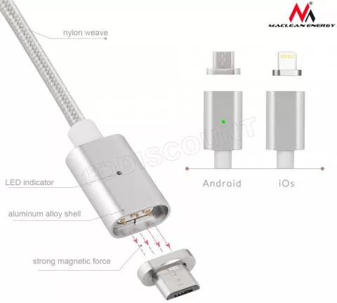 Photo de Câble USB Maclean Micro-USB avec embout magnétique (Argent)