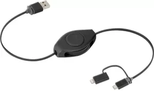 Photo de Cable USB Retrak vers Micro USB + Lightning 1m rétractable (Noir)