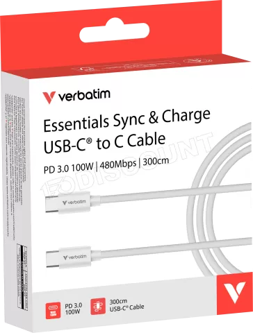 Photo de Cable Verbatim Essentials Sync & Charge USB-C 100W 3m (Blanc)
