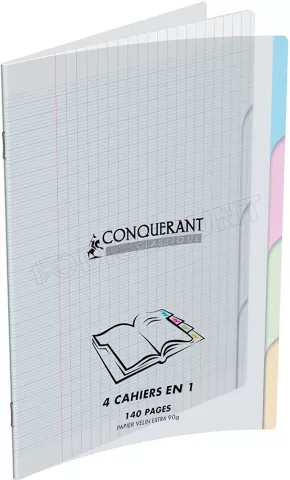 Photo de Cahier Conquérant Classique 4 en 1 Grands Carreaux 140 pages 90gr Couverture polypro (24x32cm) (Rouge)