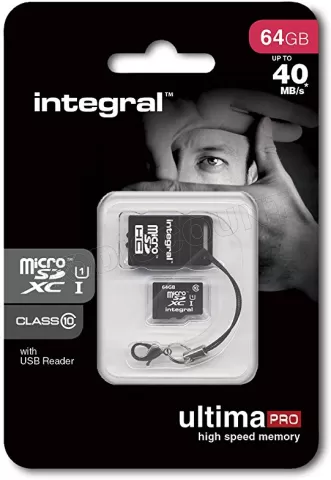 Photo de Carte mémoire Micro SD Integral UltimaPro 64 Go Class 10 + adaptateur USB
