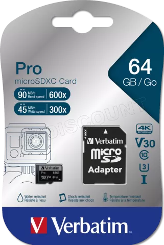 Photo de Carte mémoire Micro SD Verbatim Pro U3 - 64Go avec adaptateur