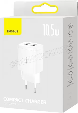 Photo de Chargeur secteur Baseus Compact 2x ports USB-A 10,5W (Blanc)