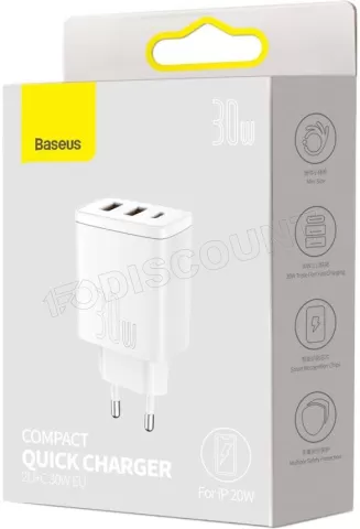 Photo de Chargeur secteur Baseus Compact 2x ports USB-A + 1x port USB-C 30W (Blanc)