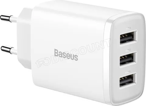 Photo de Chargeur secteur Baseus Compact 3x ports USB-A 17W (Blanc)