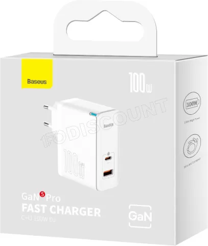 Photo de Chargeur secteur Baseus GaN5 Pro 1x port USB-A + 1x port USB-C 100W + Cable USB-C 1m (Blanc)