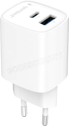 Photo de Chargeur secteur Gembird 1x USB-A + 1x USB-C 30W (Blanc)