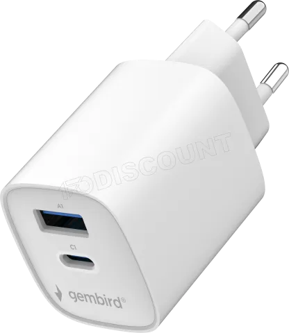 Photo de Chargeur secteur Gembird 1x USB-A + 1x USB-C 45W (Blanc)