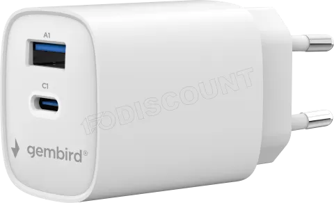 Photo de Chargeur secteur Gembird 1x USB-A + 1x USB-C 45W (Blanc)