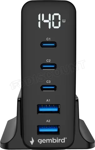 Photo de Chargeur secteur Gembird GaN 2x USB-A + 3x USB-C 140W (Noir)